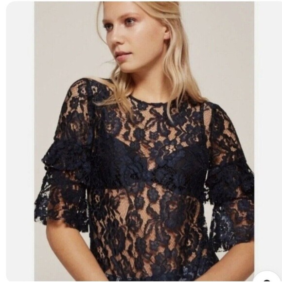 Reformation Maria Blue Lace Top Size Medium Sheer Ruffled Sleeve Romantic Blouse - Picture 1 of 6